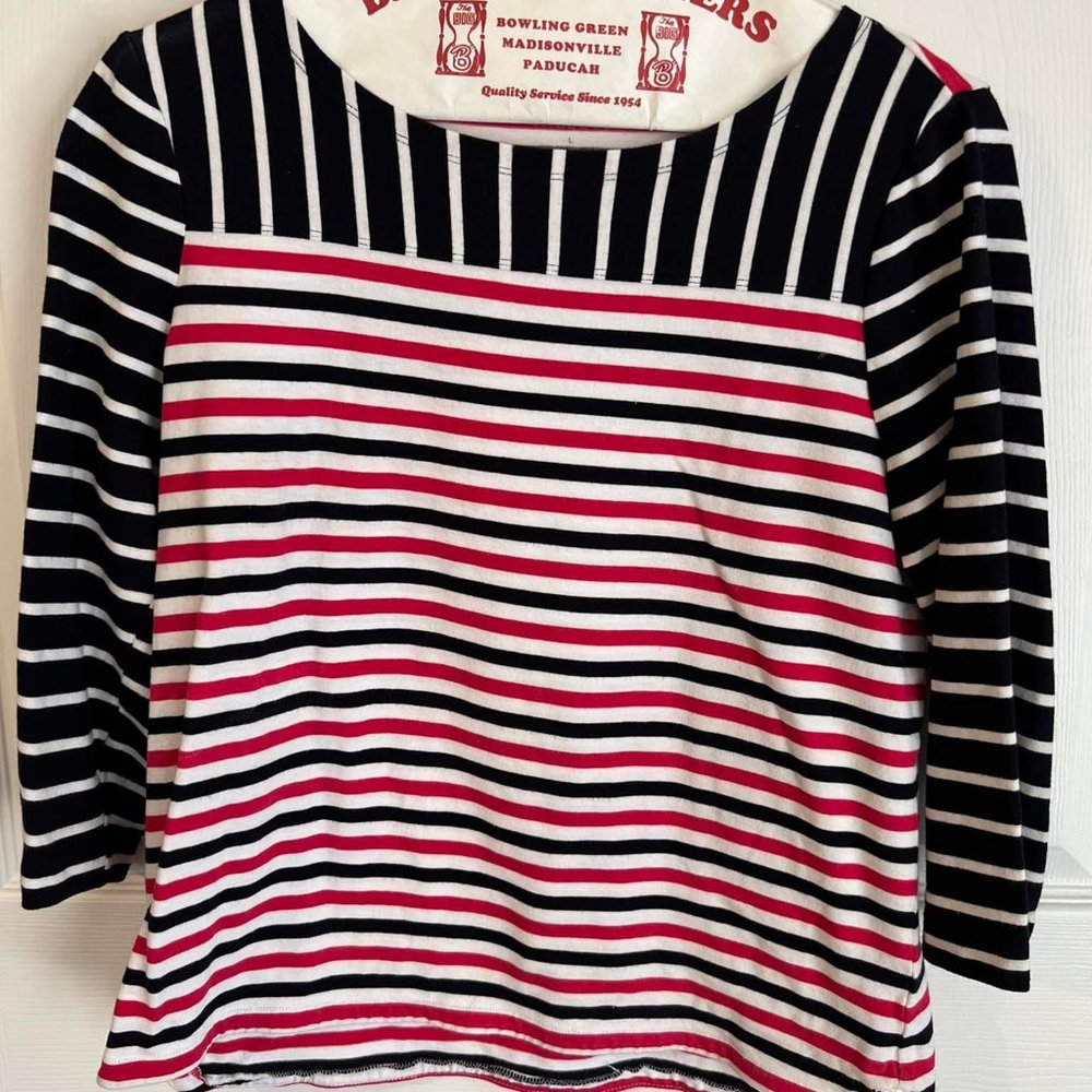 TALBOTS navy blue pink white striped BLOUSE SWEATER TOP womens L Large